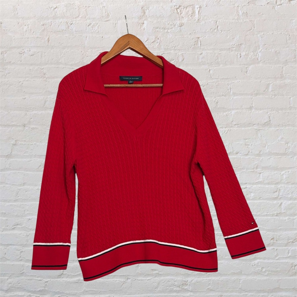 Tommy Hilfiger Red Cable Knit V-Neck Sweater Collar Striped Trim XL Womens